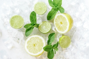 Fresh lemon and lime slices with mint leaves on ice, perfect for summer no and low ABV drinks.