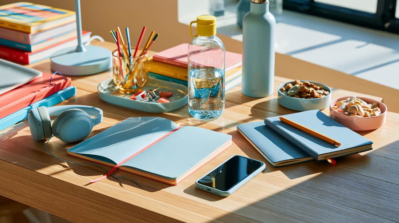 Desk with journals, smartphone, headphones, water bottle, and wellness tools representing products and services that support alcohol moderation and healthier habits.
