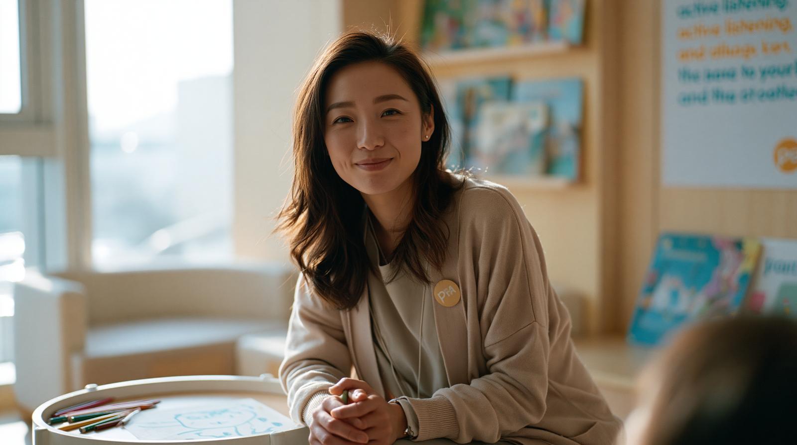 Healthcare professional smiling in a counseling setting, representing clinical support for alcohol moderation and behavior change.